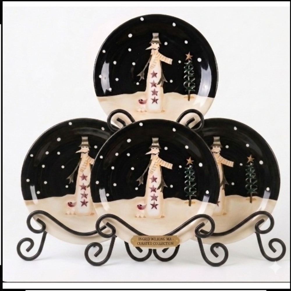 Certified International Midnight‎ Snowman Dessert Plates Set 4 Becca Barton  8"